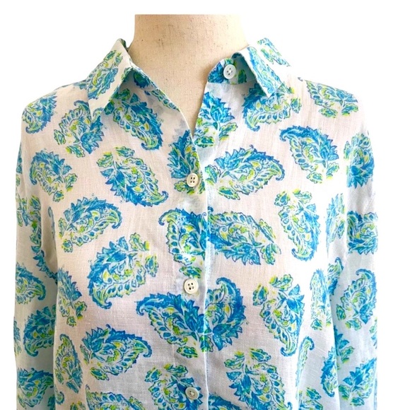 J. Jill Love Linen Boho Paisley Long Sleeve Linen Blouse Blue, White, Mint Green - Picture 1 of 5